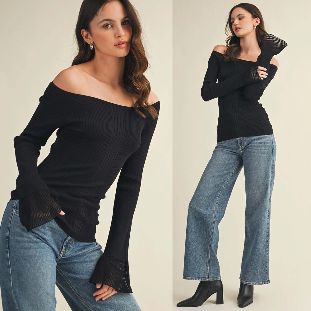 Monica Bell Sleeve Sweater Top | Women's Black Trendy Fall and Winter Pullover